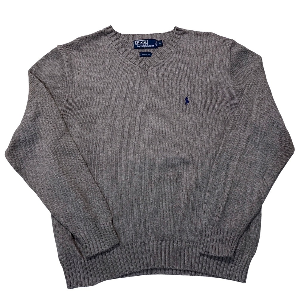 Polo Ralph Lauren Grey V-Neck 100% Cotton Sweater - Large‎